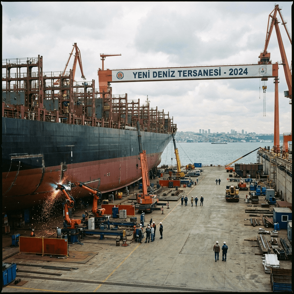 Large cargo ship under construction at Yeni Deniz Tersanesi - 2024 shipyard with robotic welding.
