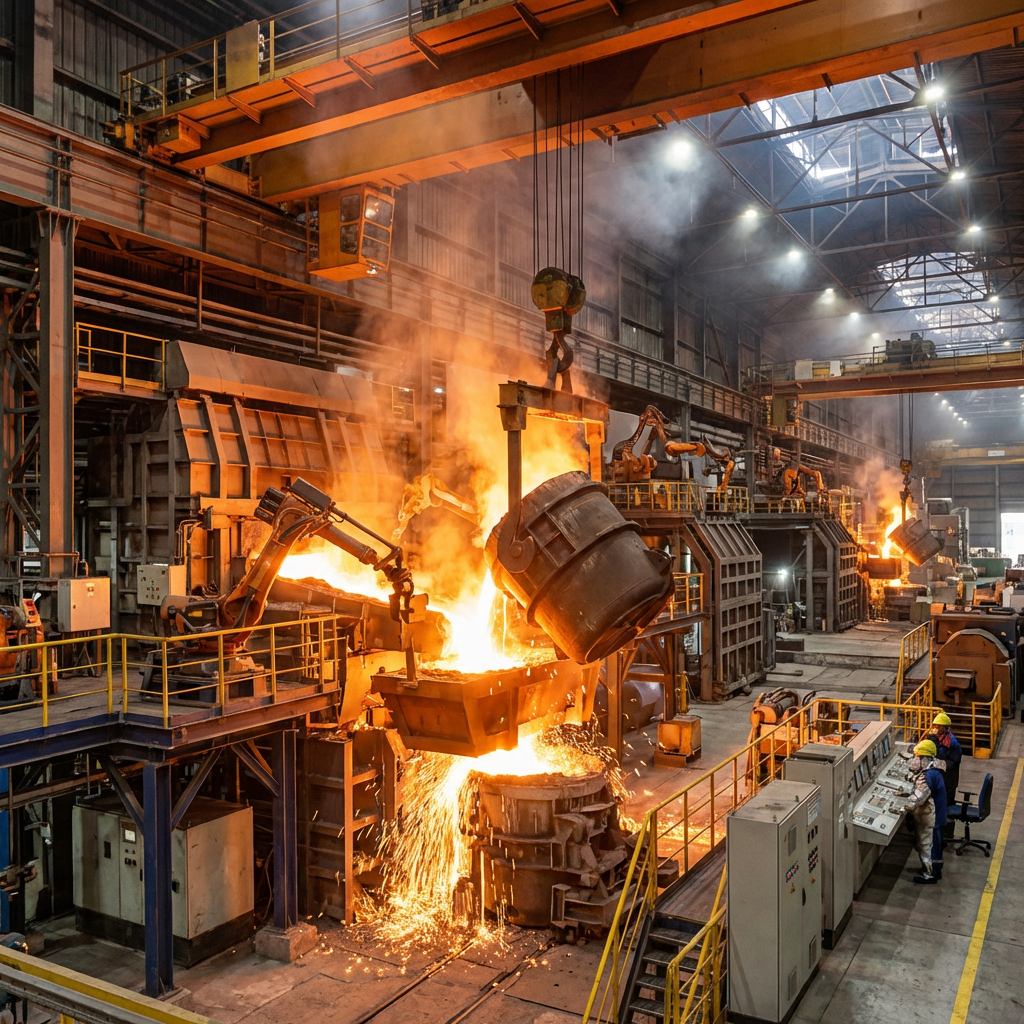 Molten steel pours from a large ladle, creating bright orange light and sparks in a factory.