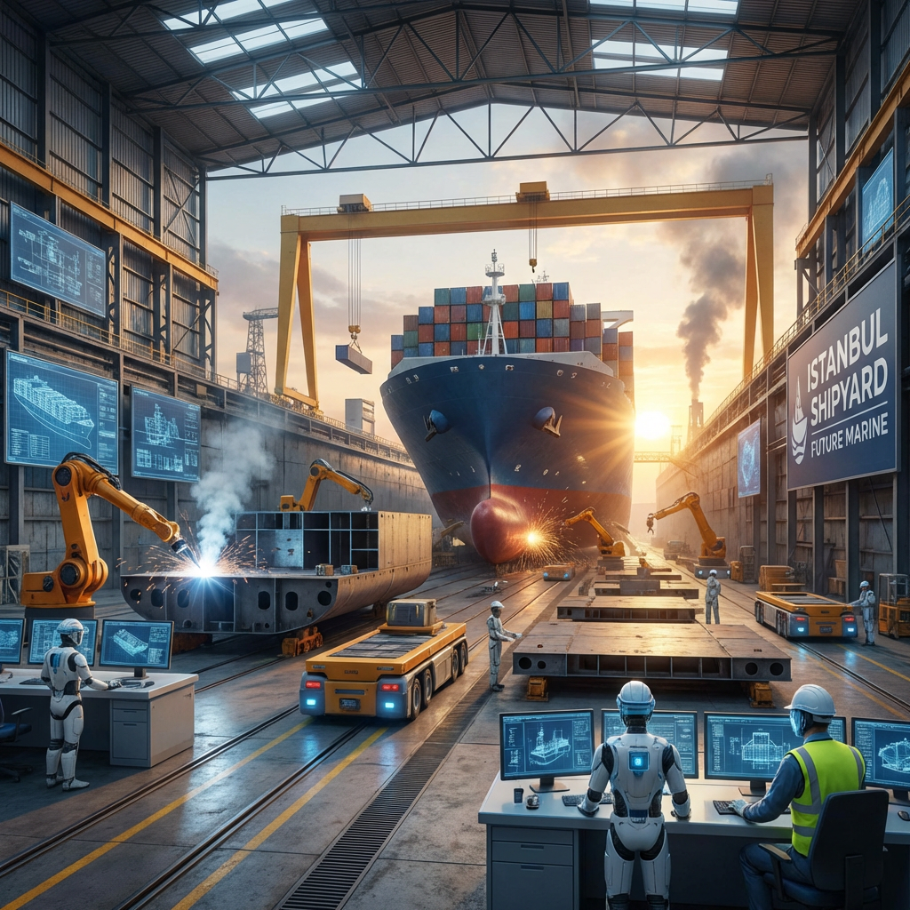 High-tech shipyard featuring robotic arms, a container ship, and technicians monitoring digital blueprints at sunset.