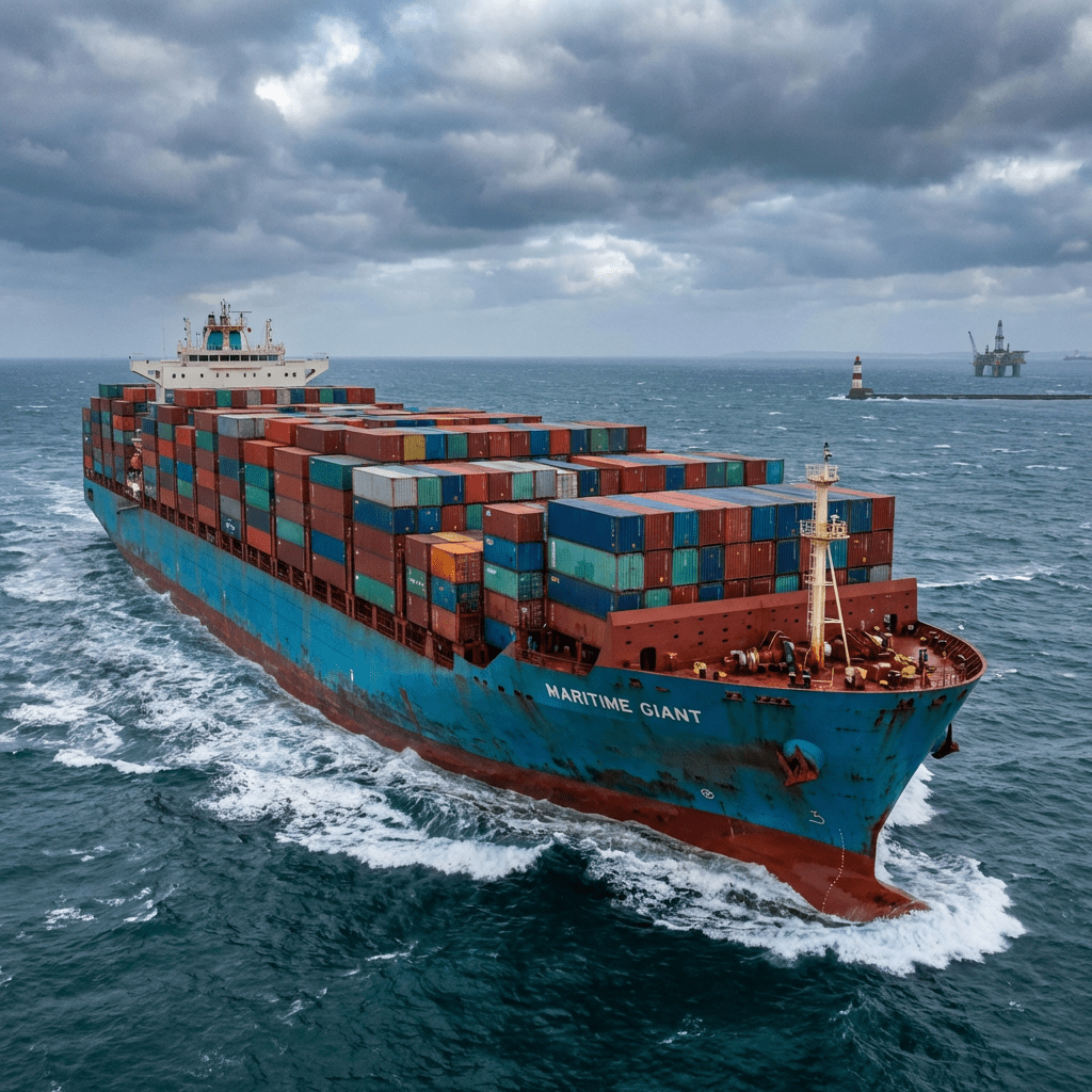 Large container ship "Maritime Giant" sailing through choppy seas under a cloudy sky.